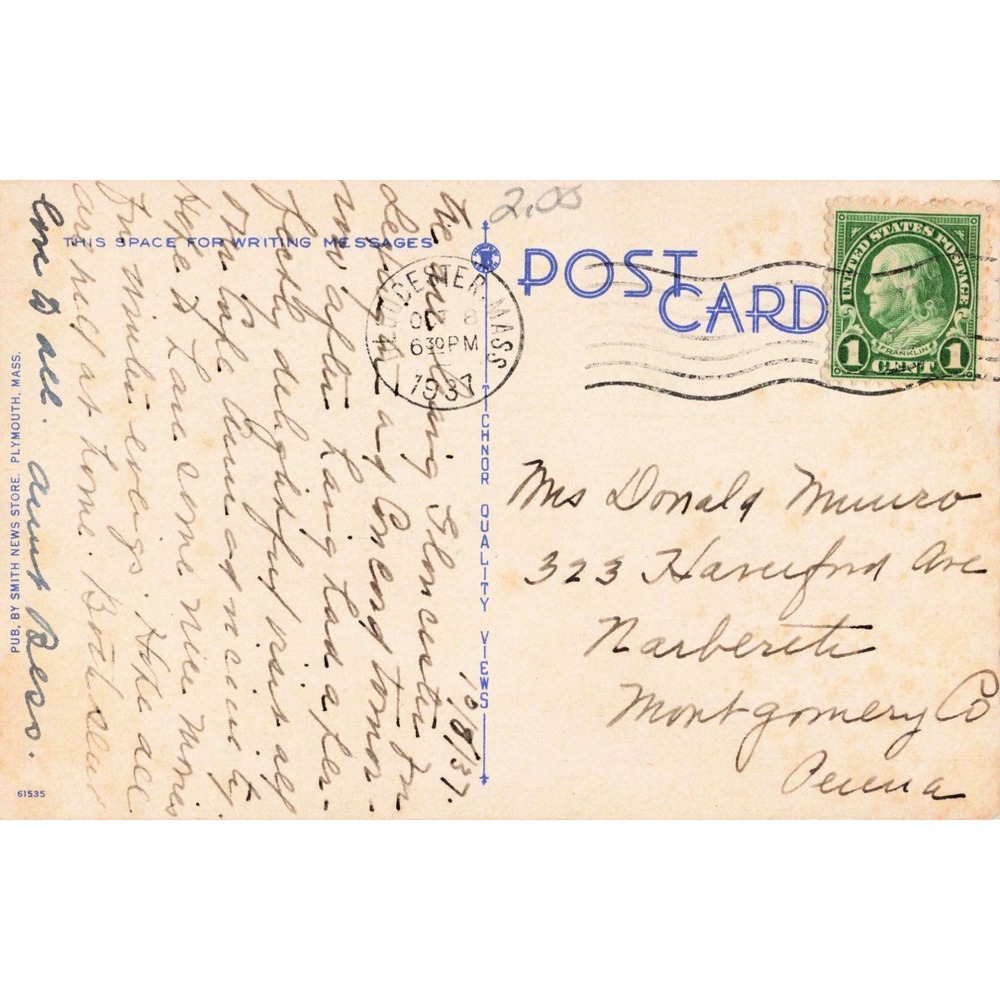 Vintage 1937 Myles Standish House Duxbury MA Linen Postcard Franklin Stamp - Picture 2 of 2